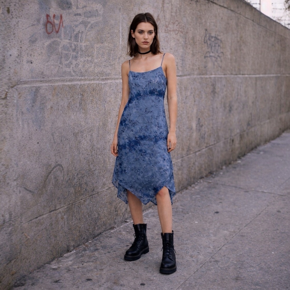 Vintage Jodi Kristopher Blue Floral Slip Dress Asym Fairycore Whimsy S 90s‎ Y2K